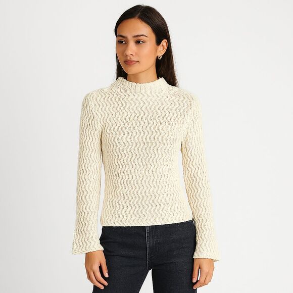 Vintage Chunky Chevron Knit Sweater Petite Small Off White Mock Neck Minimalist - Picture 1 of 8